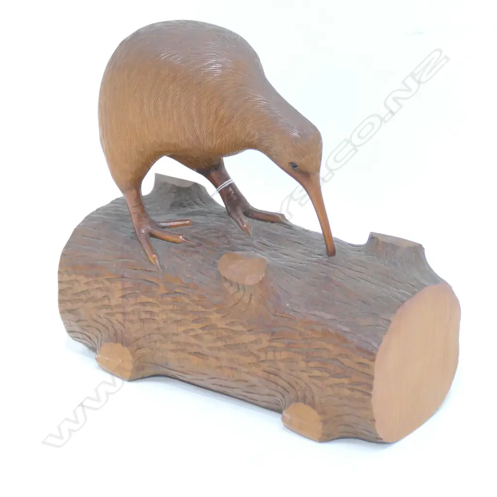 KIWI PERCHED ON A LOG CARVED FROM KAURI Image 1++