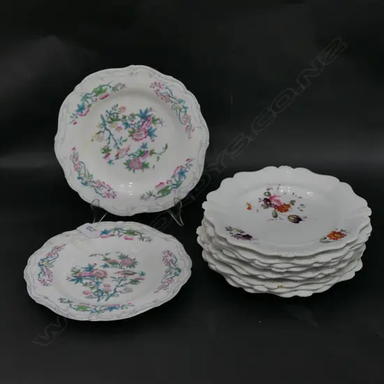 9 19TH CENT. FLORAL PLATES AND TWO FELSPAR PORCELAIN
