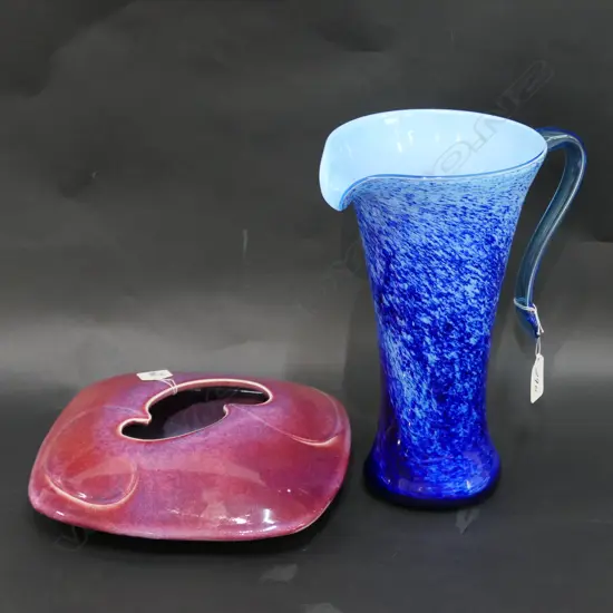 BLUE GLASS JUG & GLAZED POTTERY VASE