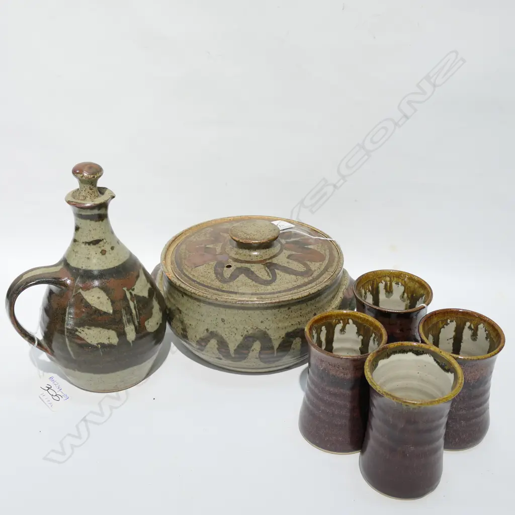 ADRIAN COTTER POTTERY CASSEROLE & JUG + 4 JACK DAWSON BEAKERS Image 1++