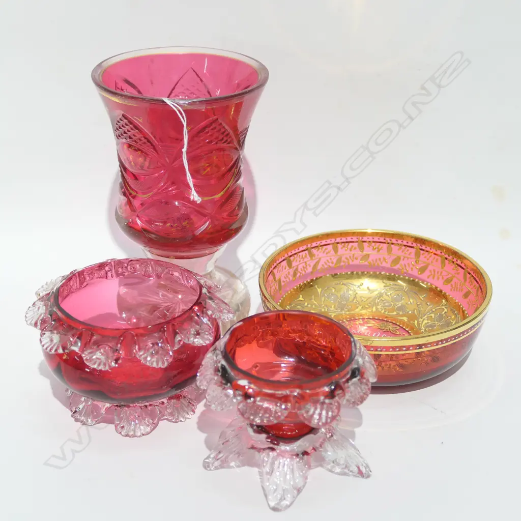 4 PCES ASST VICTORIAN GLASS INCL; CRANBERRY SALTS, BOWL, CRYSTAL GLASS Image 1++