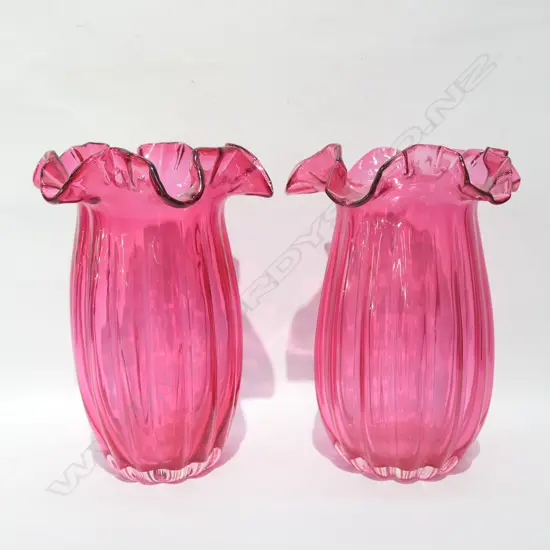PAIR LGE HAND BLOWN CRANBERRY GLASS VASES 300MM H