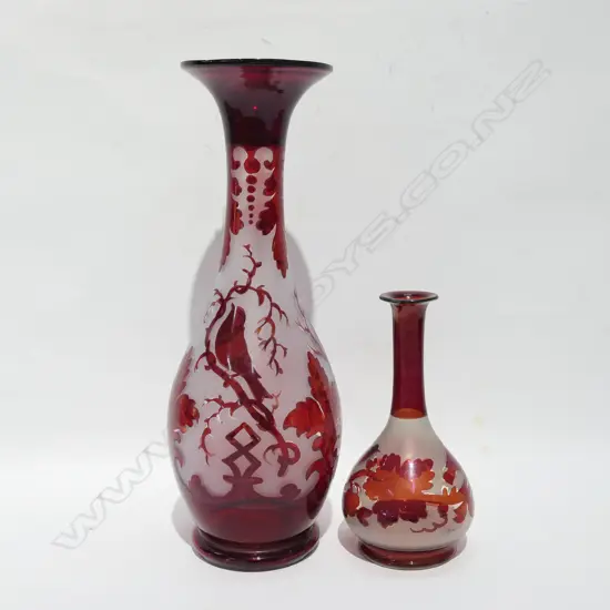 TWO VICTORIAN FROSTED RUBY GLASSES TALLEST 310MM H