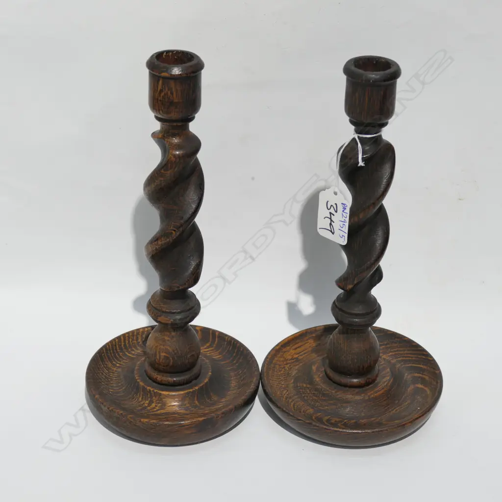 PAIR OAK BARLEY TWIST CANDLESTICKS 250MM H Image 1++