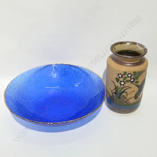 BLUE GLASS BOWL AND MEXICAN VASE