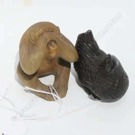 2 WOODEN NETSUKE 'SEE NO' MONKEY + CHICKEN