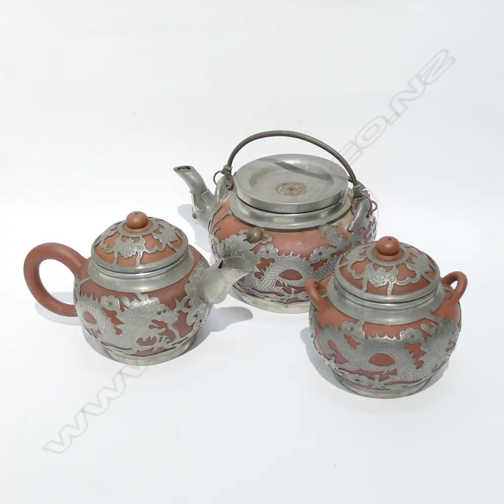 PEWTER OVERLAY CHINESE 3PC TEA SET Image 1++