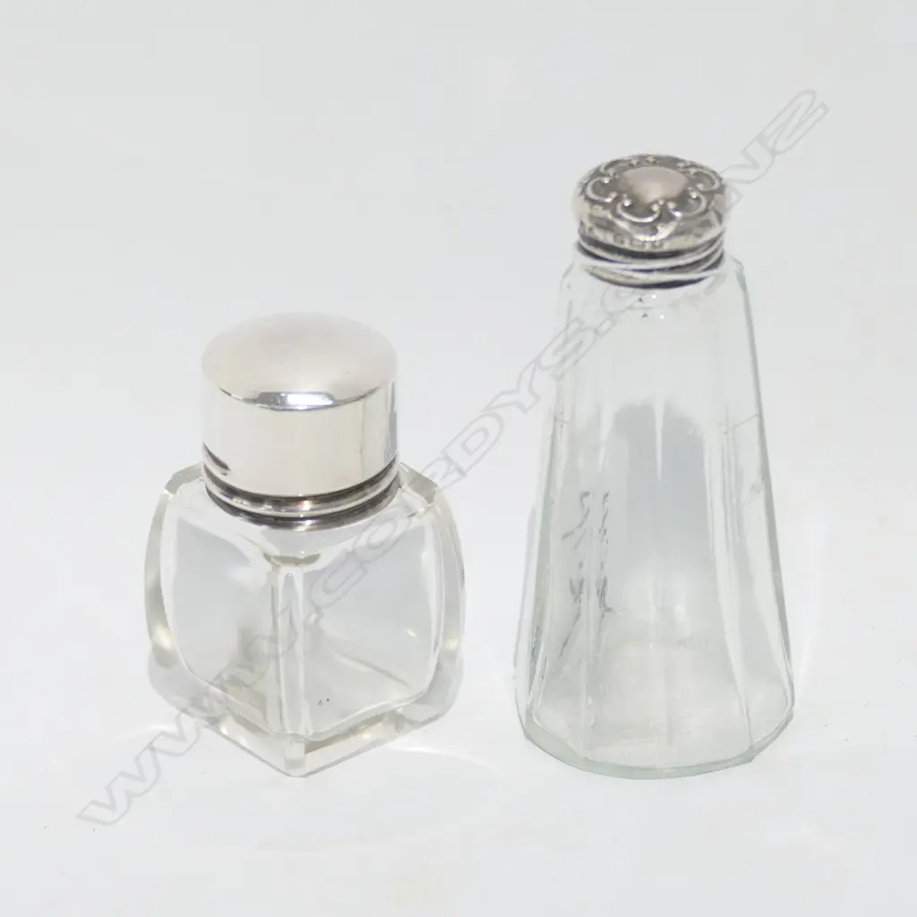 TWO SILVER TOPPED DRESSING TABLE BOTTLES - LARGEST H. 80MM Image 1++