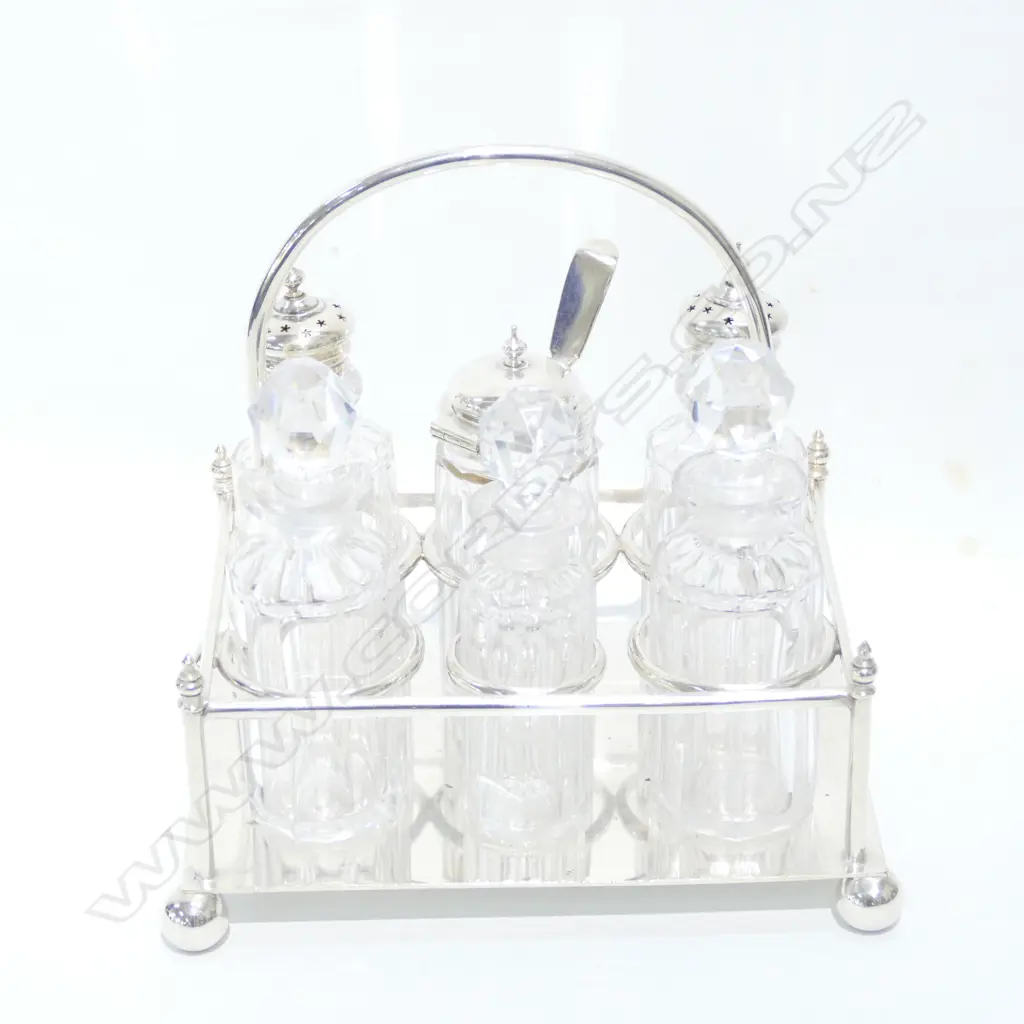 1920's SILVER PLATE & CRYSTAL 6 BOTTLE CRUET A.F Image 1++
