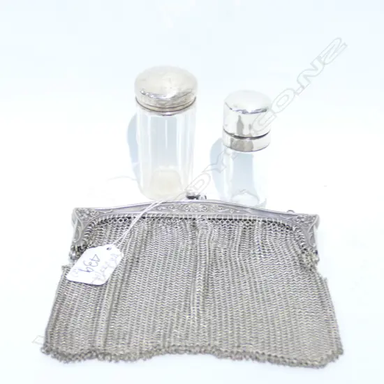 2 STG SILVER LIDDED VANITY BOTTLES 1877 + L1927 + MESH PURSE