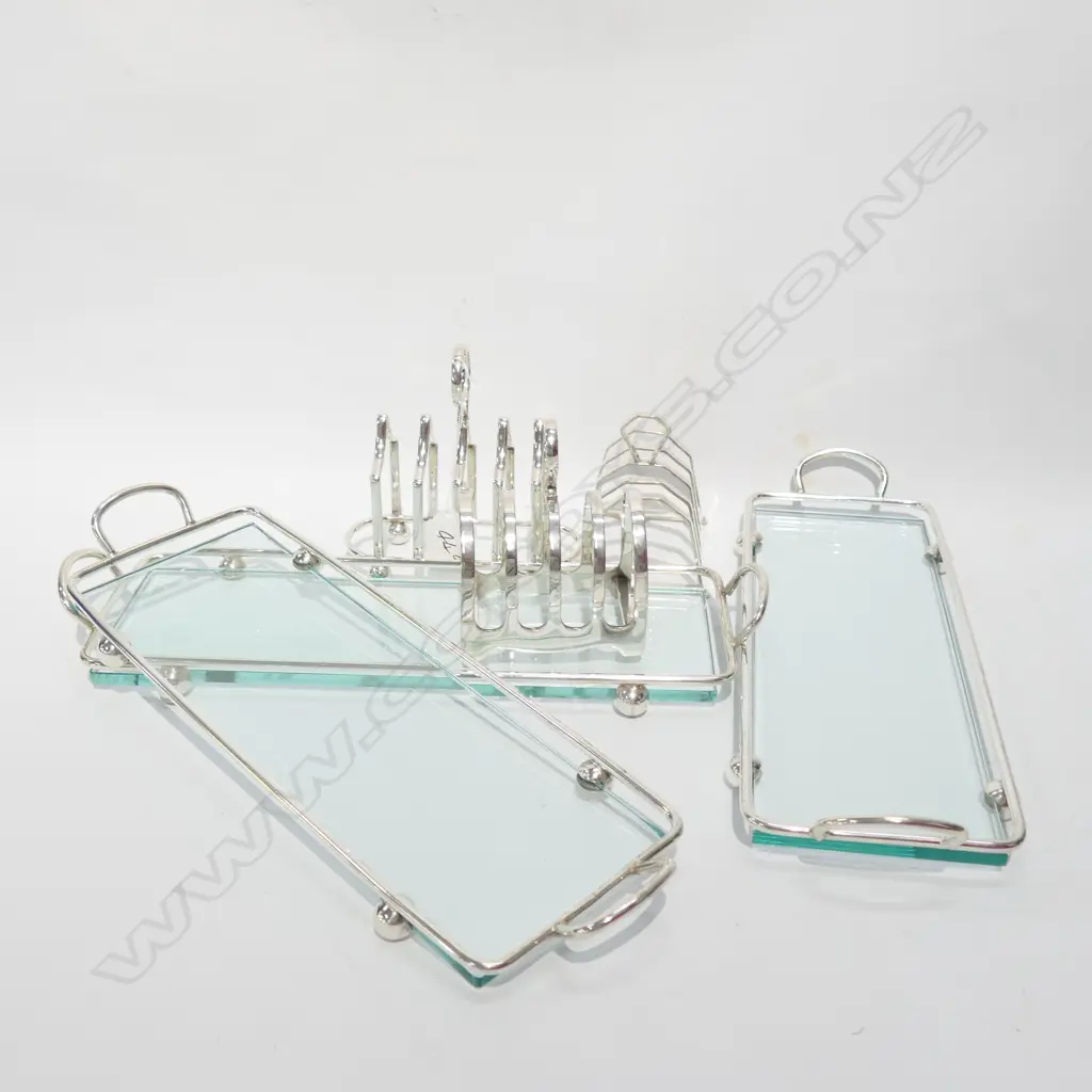 6 SILVER PLATE PCES; 3 TOAST RACKS + 3 GLASS TRAYS Image 1++