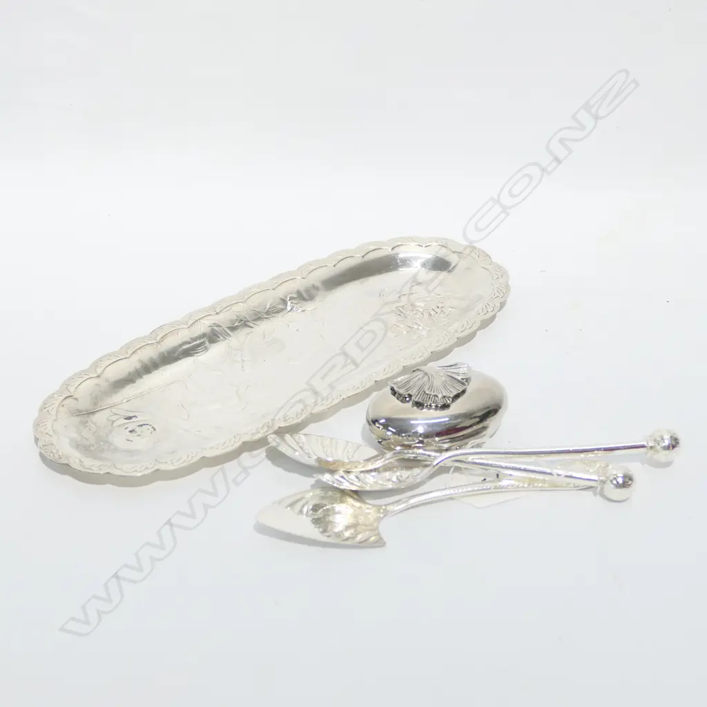 SILVER ON COPPER TRAY + 3 S/P SPOONS ETC Image 1++