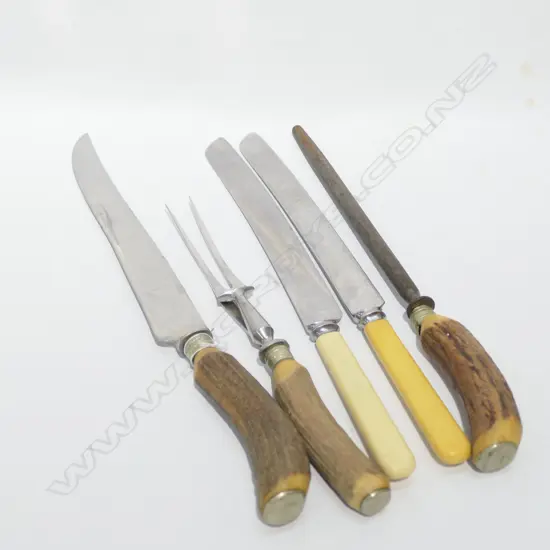 5 BONE HANDLED KNIVES; CARVING, BREAD, SHARPENER ETC