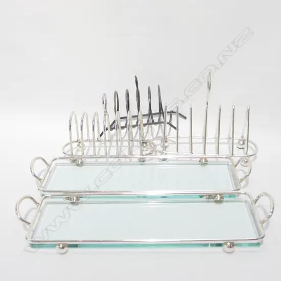 5 SILVER PLATE PCES; 3 TOAST RACKS + 2 GLASS TRAYS