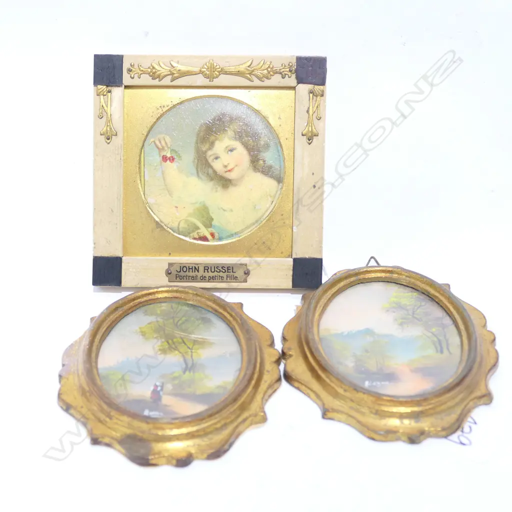 JOHN RUSSEL MINIATURE + 2 OVAL FRAMED LANDSCAPES L 110 MM Image 1++