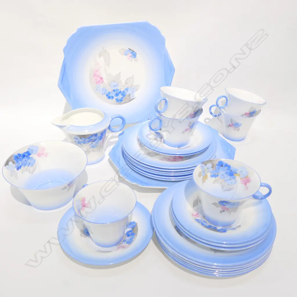 1930'S SHELLEY TEASET - BLUE FLOX - 6 TRIOS / MILK JUG / SUGAR BOWL / 2 CAKE PLATES / 6 SIDE PLATTERS Image 1++