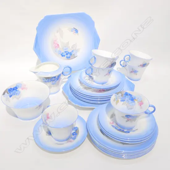 1930'S SHELLEY TEASET - BLUE FLOX - 6 TRIOS / MILK JUG / SUGAR BOWL / 2 CAKE PLATES / 6 SIDE PLATTERS