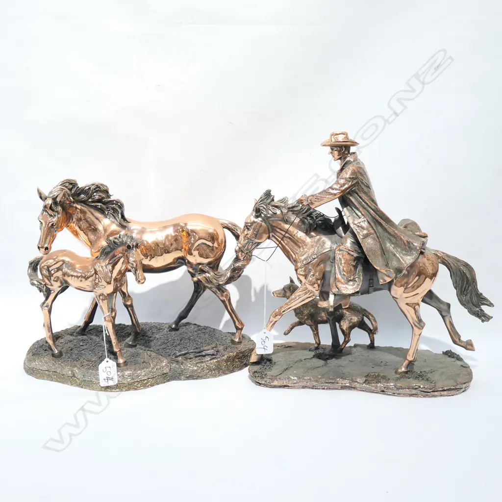 TWO COPPERED RESIN FIGURES - COWBOY & HORSES - LARGEST H. 350MM Image 1++