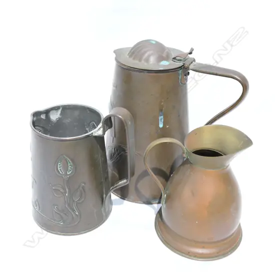 3 JUGS; ART NOUVEAU AND COPPER TALLEST 180MM H
