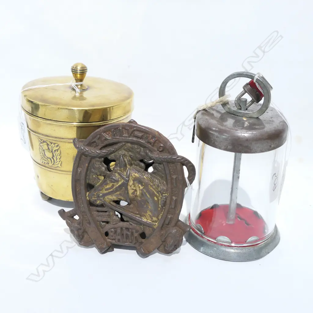 TALLY HO MONEY BOX / VINTAGE GLASS MONEY BOX / BRASS SUGAR Image 1++