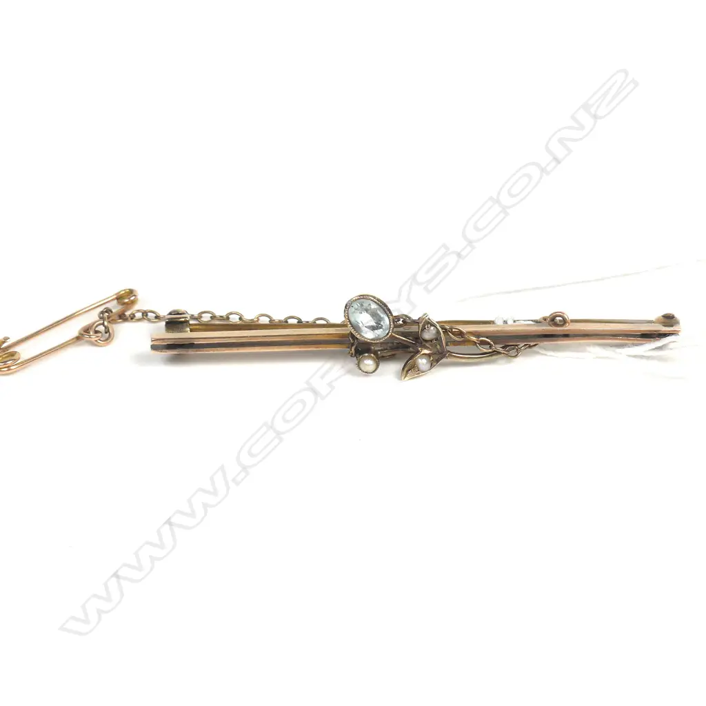 9CT EDW BAR BROOCH AQUAMARINE & SEED PEARLS Image 1++