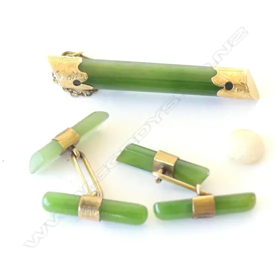GOLD GREENSTONE BROOCH; G/STONE CUFF LINKS & LOOSE MILK OPAL STONE