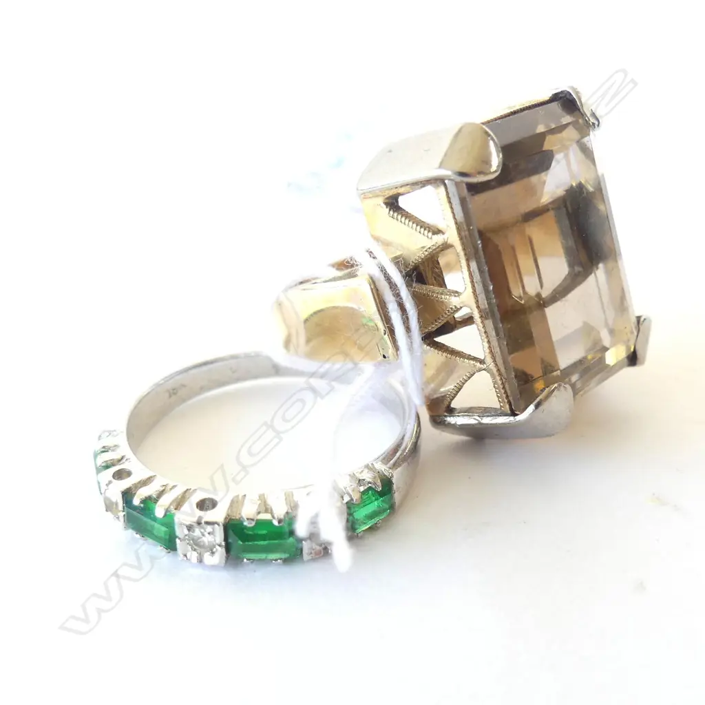 9CT SMOKEY QUARTZ RING & 1 GREEN/WHITE STONE DRESS RING  Image 1++