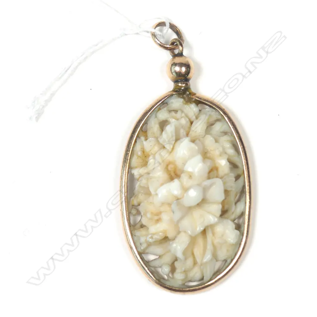 c1900 FLORAL CARVED IVORY PENDANT ROLLED GOLD FRAME Image 1++