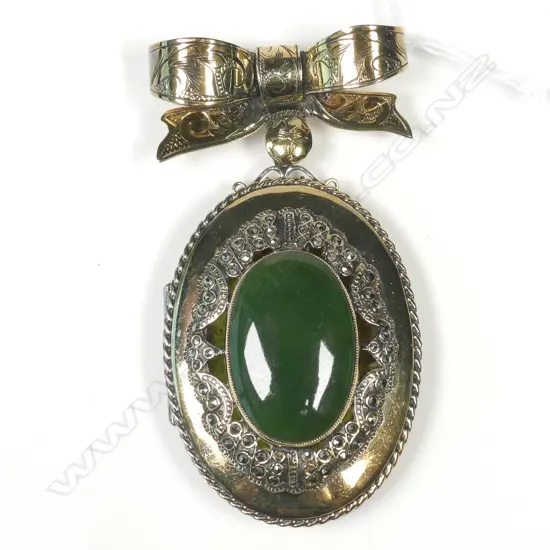 SILVER GILT GREENSTONE LOCKET BOW BROOCH #OOOG