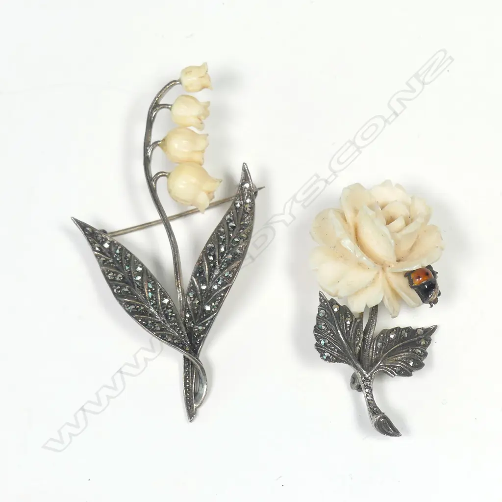 TWO IVORY/SILVER/MARCASITE BROOCHES Image 1++