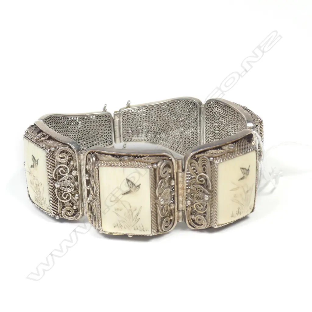 ANTIQUE ORIENTAL SILVER GILT IVORY BRACELET Image 1++
