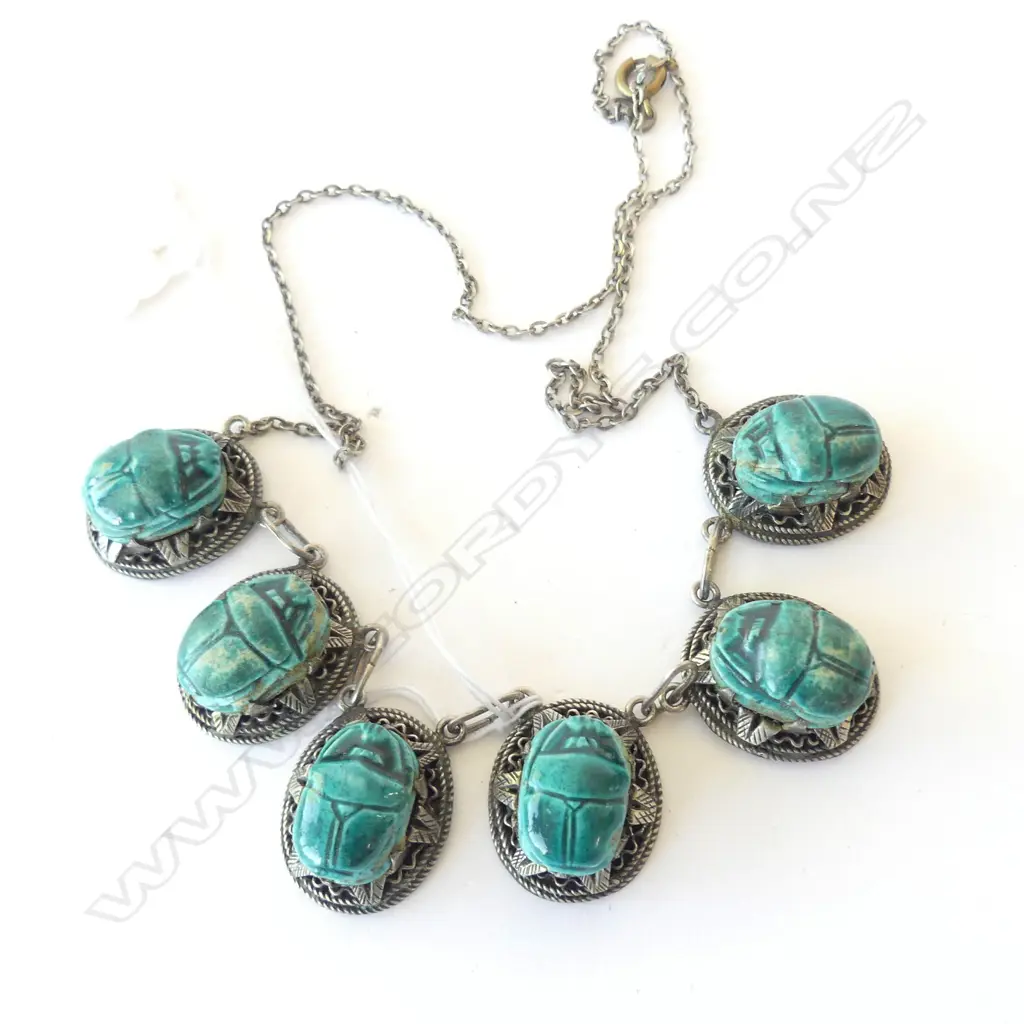 Vintage Egyptian silver and porcelain scarab beetle necklace Image 1++