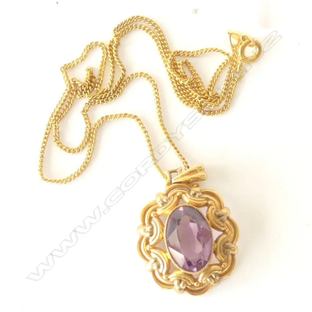 GOLD PLATED AMETHYST PENDANT AND CHAIN Image 1++