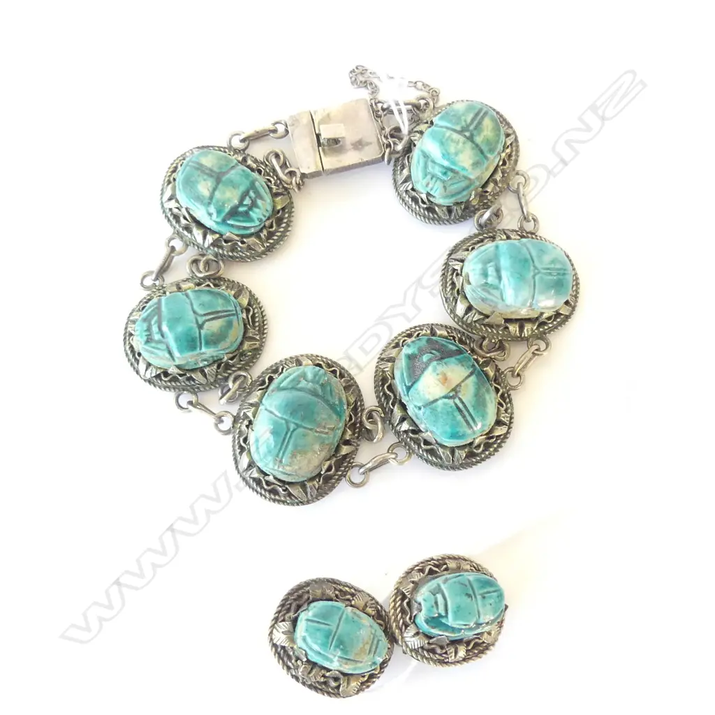 Vintage Egyptian silver and porcelain scarab beetle bracelet and earrings Image 1++