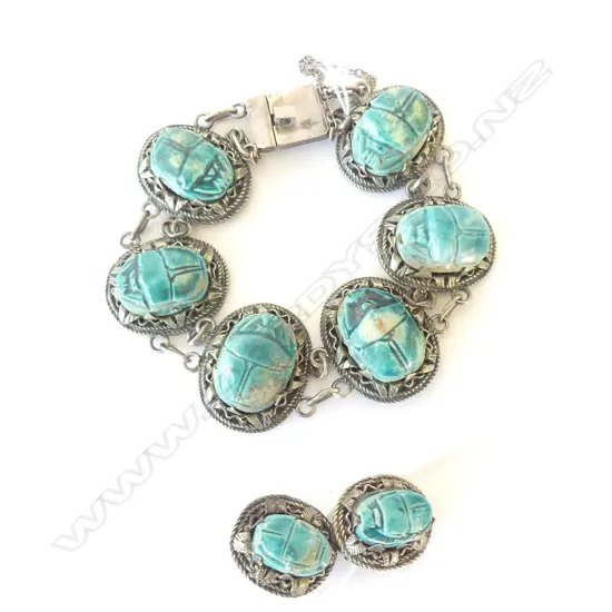 Vintage Egyptian silver and porcelain scarab beetle bracelet and earrings