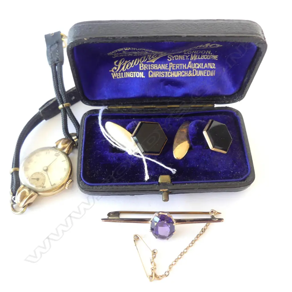 R.G. WATCH; CUFF LINKS IN BOX; GOLD PURPLE STONE BROOCH ?  Image 1++