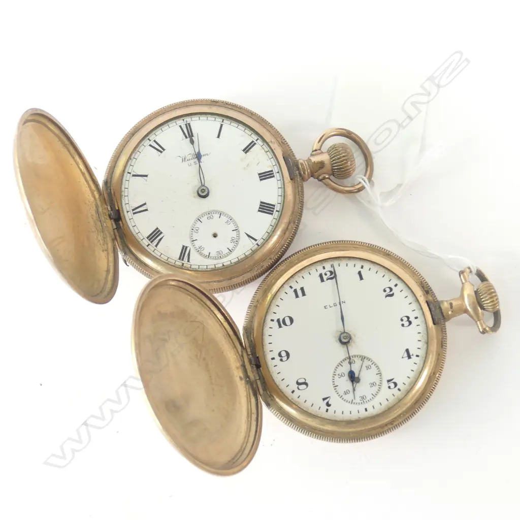 2 GOLD PLATED HUNTER POCKET WATCHES BY ELGIN & WALTHAM (AF) Image 1++