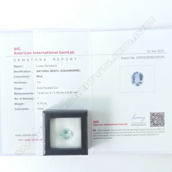 AQUAMARINE OVAL CUT 5.7CT AIG REPORT