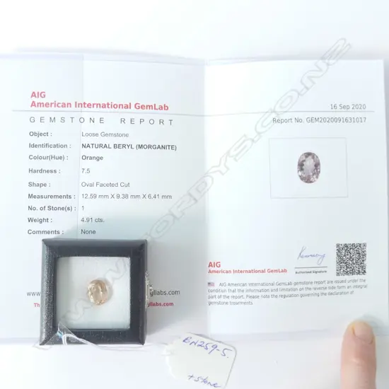 MORGANITE OVAL STONE + AIG REPORT