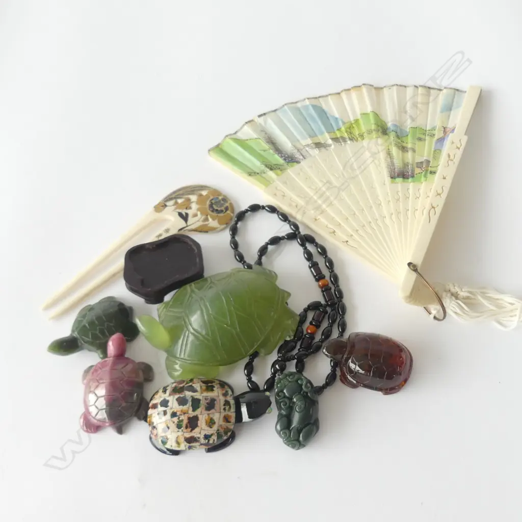 LOT ASST. INCL. CARVED AMBER + JADE TURTLES / HAND PAINTED IVORY FAN ETC Image 1++