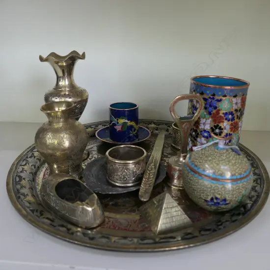 14 ITEMS; BRASS VASES CLOISONNE POTTERY PLATE ETC