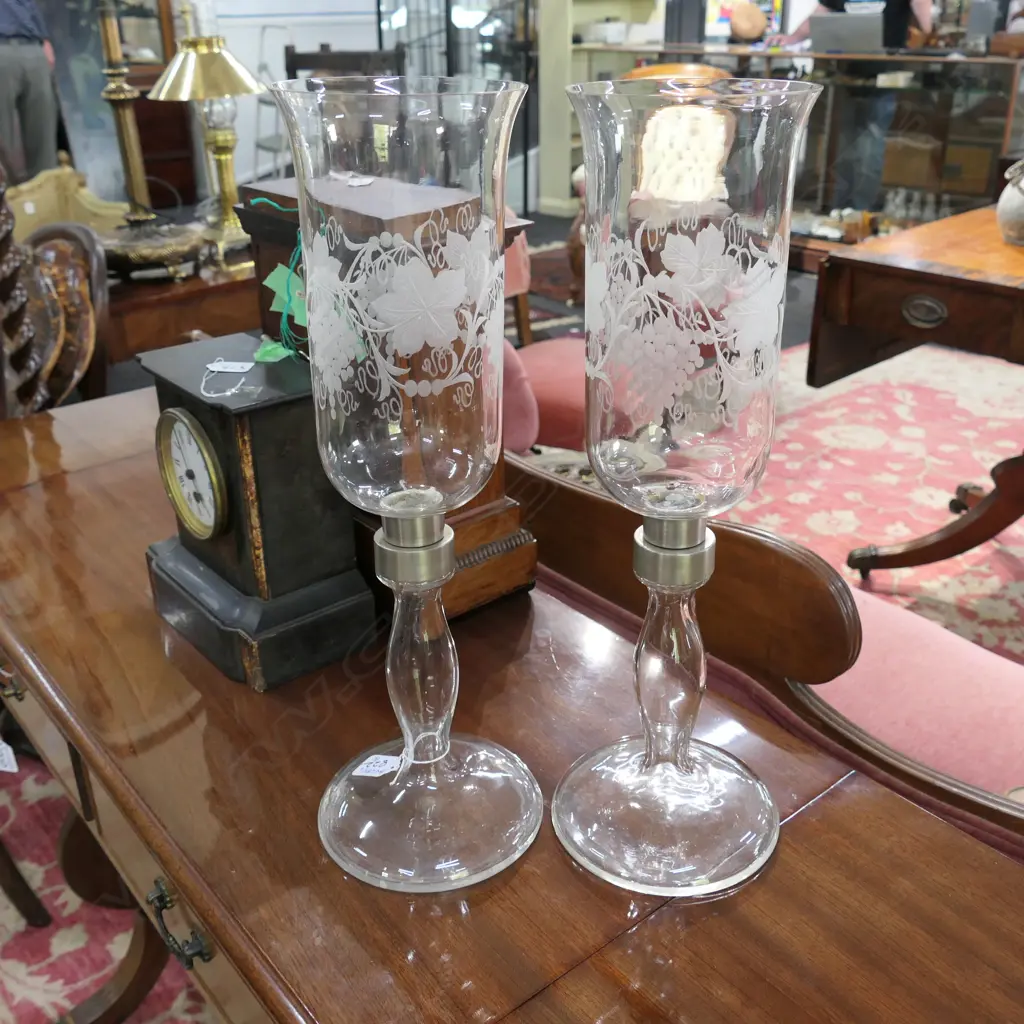PAIR HURRICANE LAMPS HAND ETCHED GLASS ONE AF MINOR CHIP 450MM H Image 1++