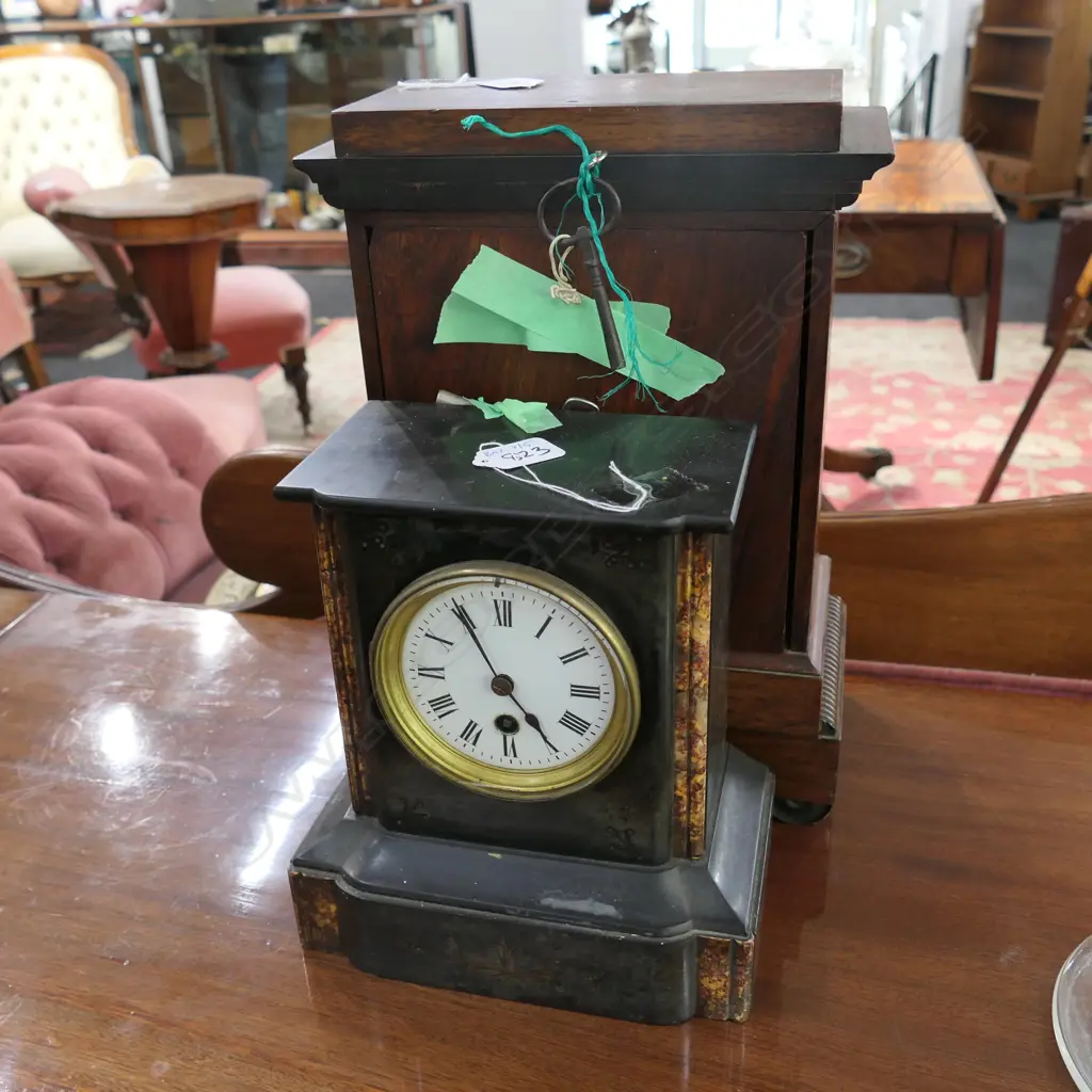 BLACK SLATE AND MARBLE MANTLE CLOCK H 240 MM Image 1++