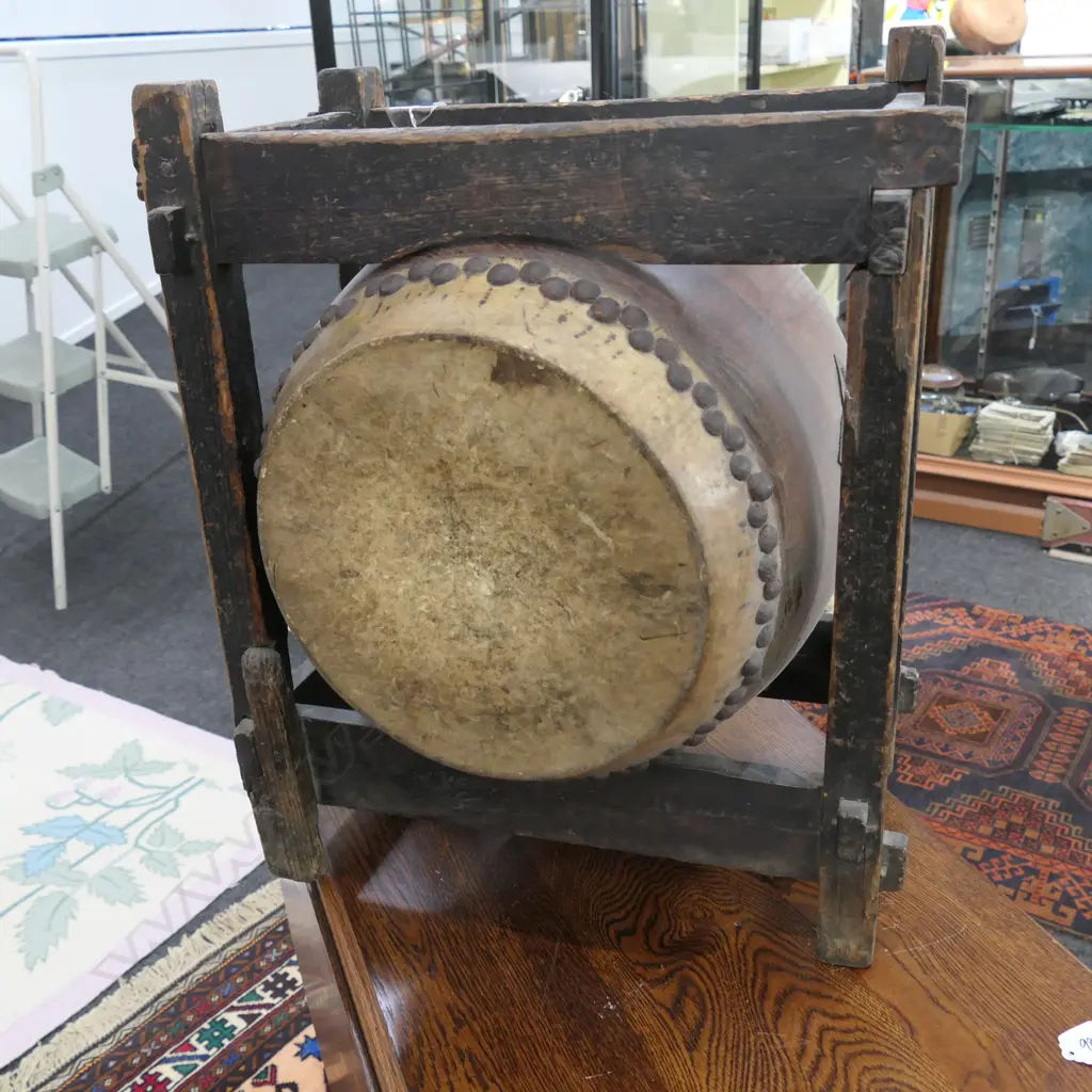 ANTIQUE JAPANESE DRUM, IN WOODEN STAND Image 1++