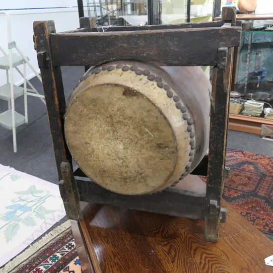 ANTIQUE JAPANESE DRUM, IN WOODEN STAND