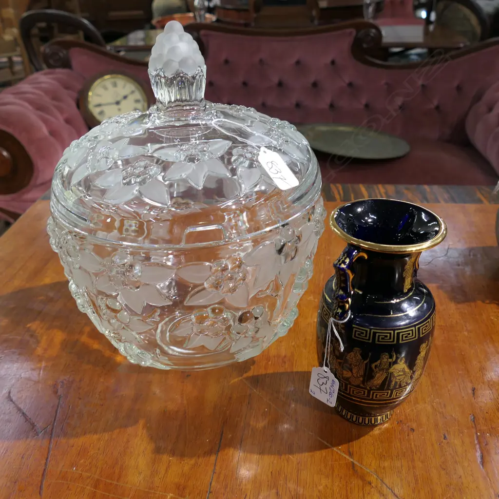 LGE LIDDED GLASS PUNCH BOWL + GREEK VASE Image 1++