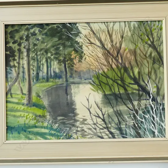 STEWART MacLENNAN (1903-73) WATERCOLOUR RIVER SCENE, SIGNED. 415 x 565mm