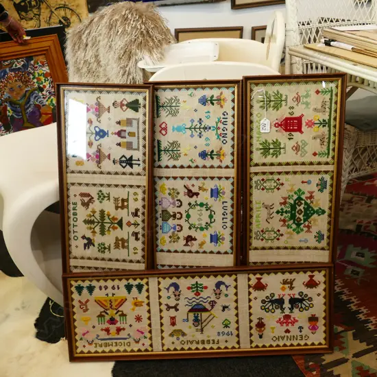 4 FRAMED ITALIAN CROSS-STICH EMBROIDERIES (CALENDAR, 1968)