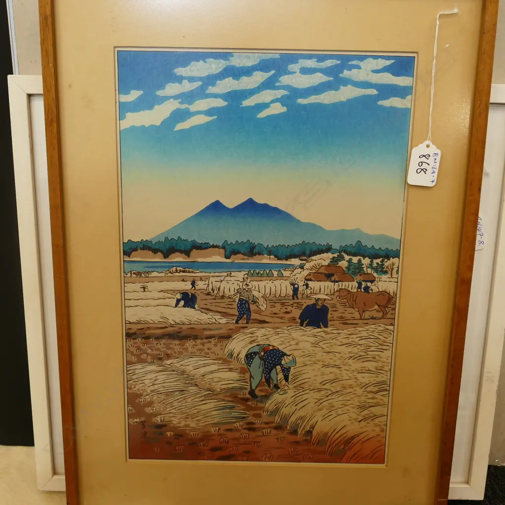 JAPANESE SHIN-HUNGA WOODBLOCK UKIYO-E PRINT, HARVESTING RICE by KASAMATSU SHIRO. 360 x 235mm Image 1++