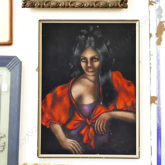 VINTAGE PAINTING ON VELVET WOMAN IN RED SHAWL